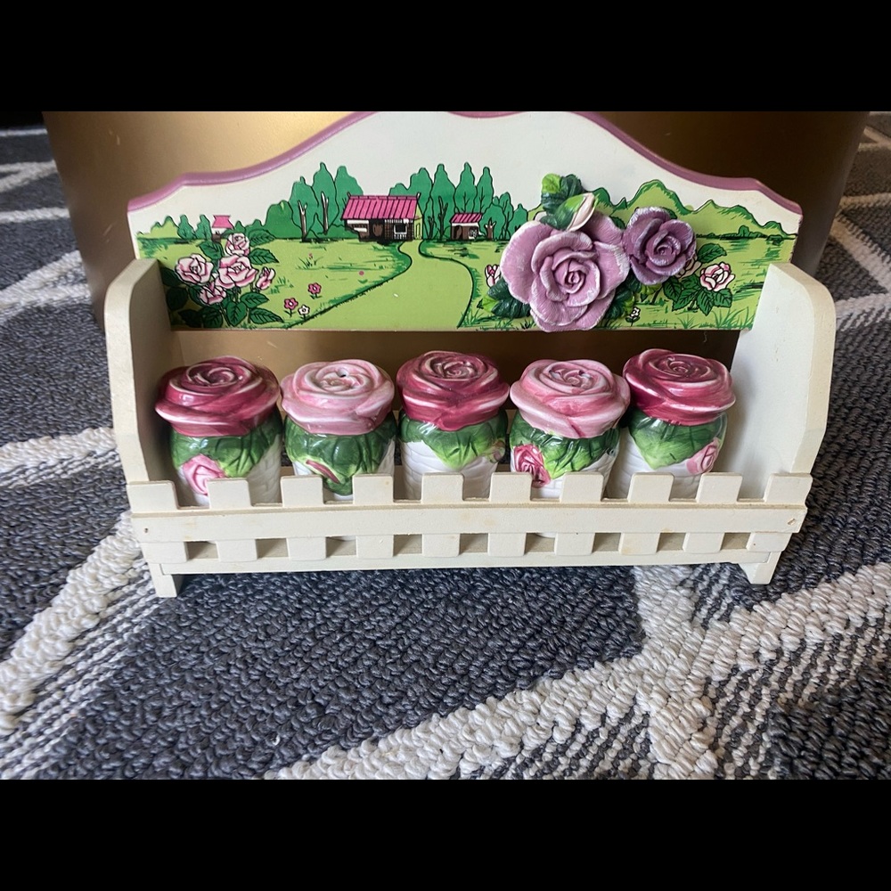 Vintage rose Salt and pepper shakers and rack